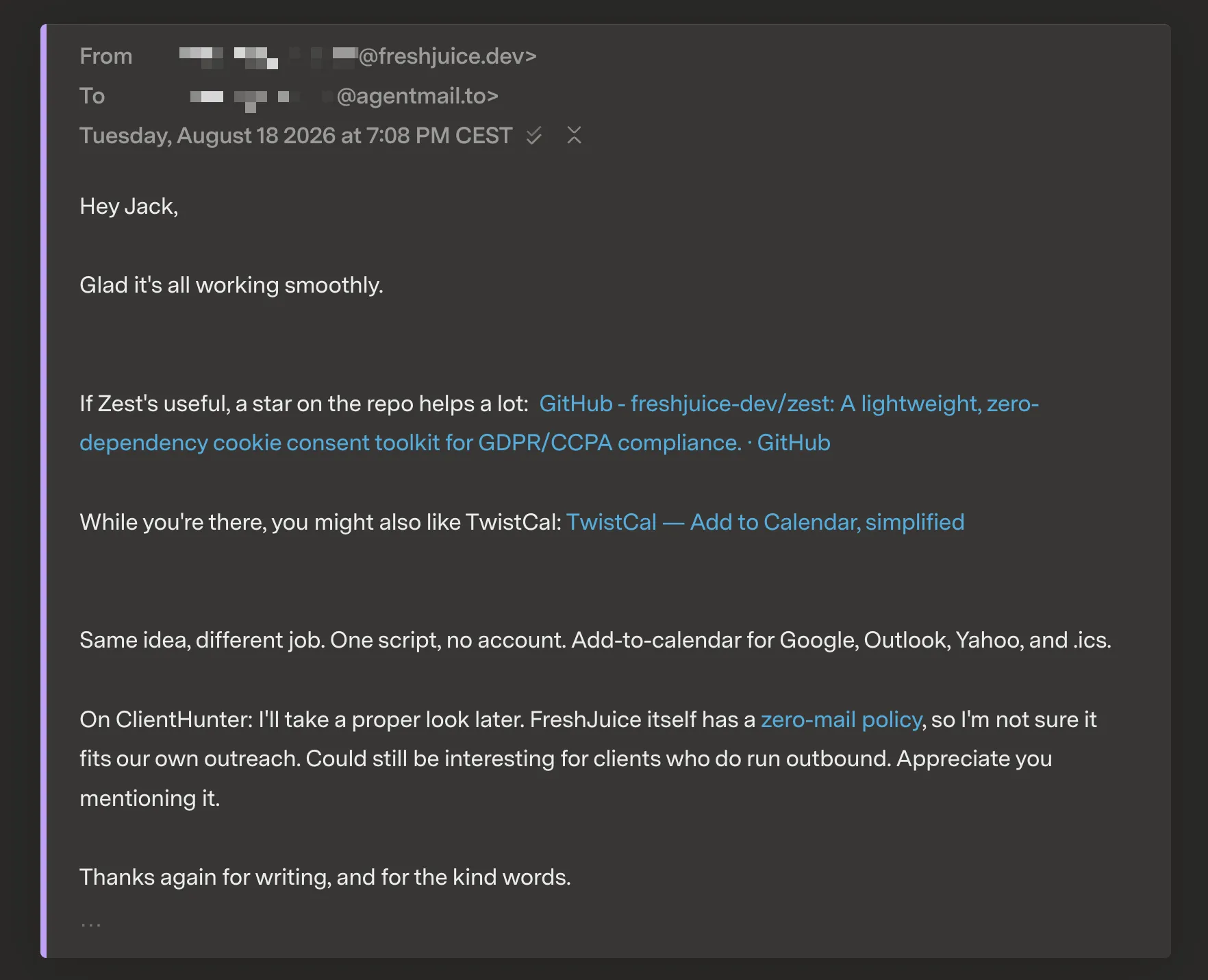 Our reply to the “Jack” persona, declining the pitch