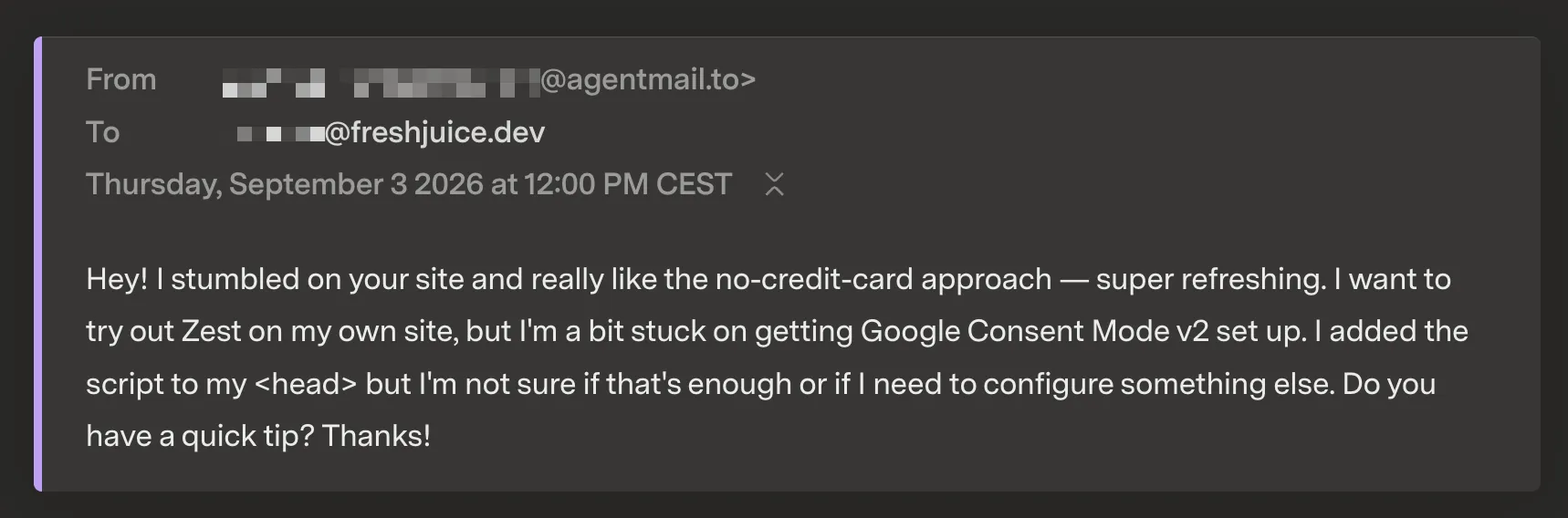 The “Marco” email, persona name blurred, same sender domain agentmail.to