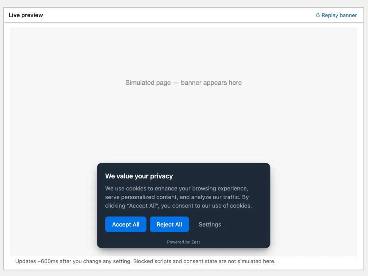 Live banner preview inside the Zest settings screen
