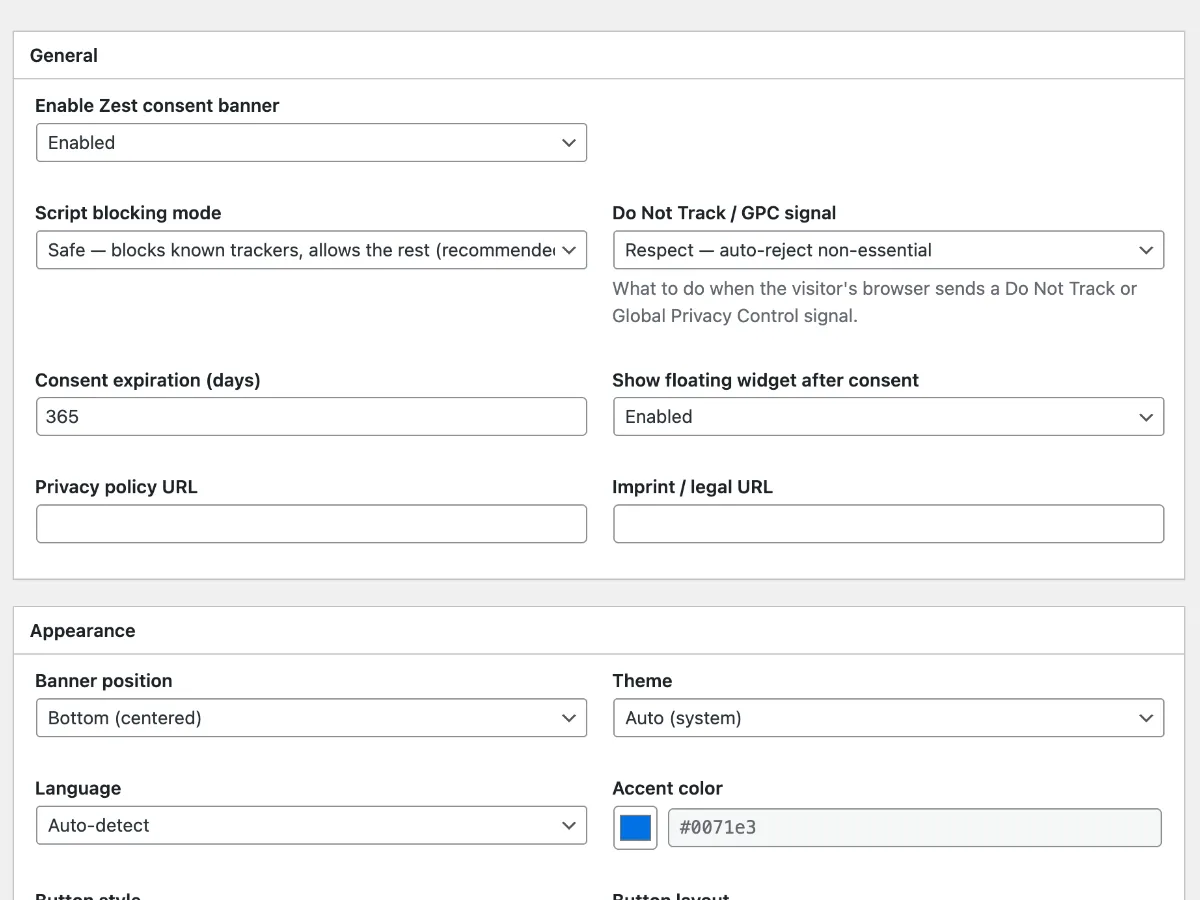 Zest Cookie Consent settings screen in the WordPress admin